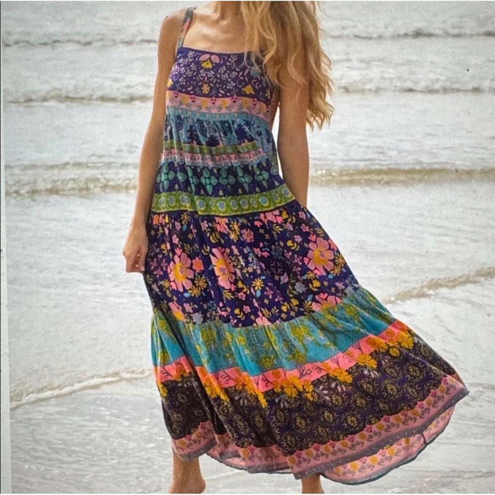 Natural Life Patricia Floral Patchwork Maxi Dress Boho Tiered Sundress Small